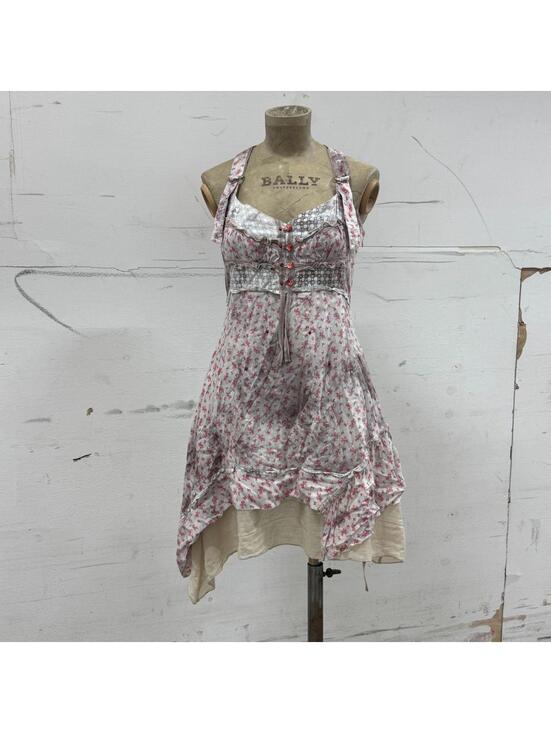 Dresses & Skirts - Vintage European Avant Garde Floral Cotton Red Grey White Mini Dress